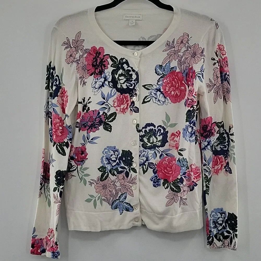 Charter Club Pink/Blue Floral Button Down Sweater size: Small